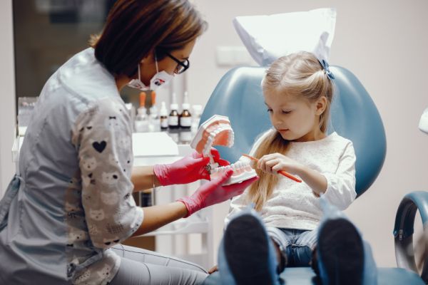 a little girl sitting in a dentist chair and the dentist is showing her a 3d model of a human jaw with teeth